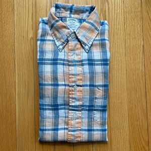 Brooks Brothers Mens Long Sleeve 100% Irish Linen Shirt Medium Blue Orange Plaid